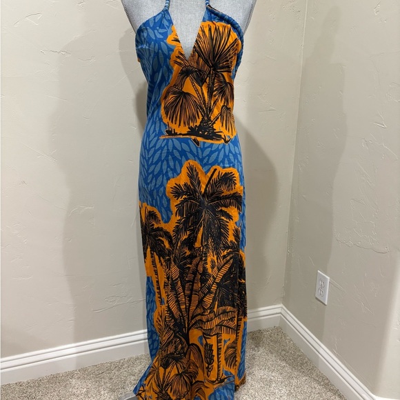 Johanna Ortiz Vida Salvaje Resort Halter Midi Dress Blue Orange Cotton Size 2 - Picture 4 of 13